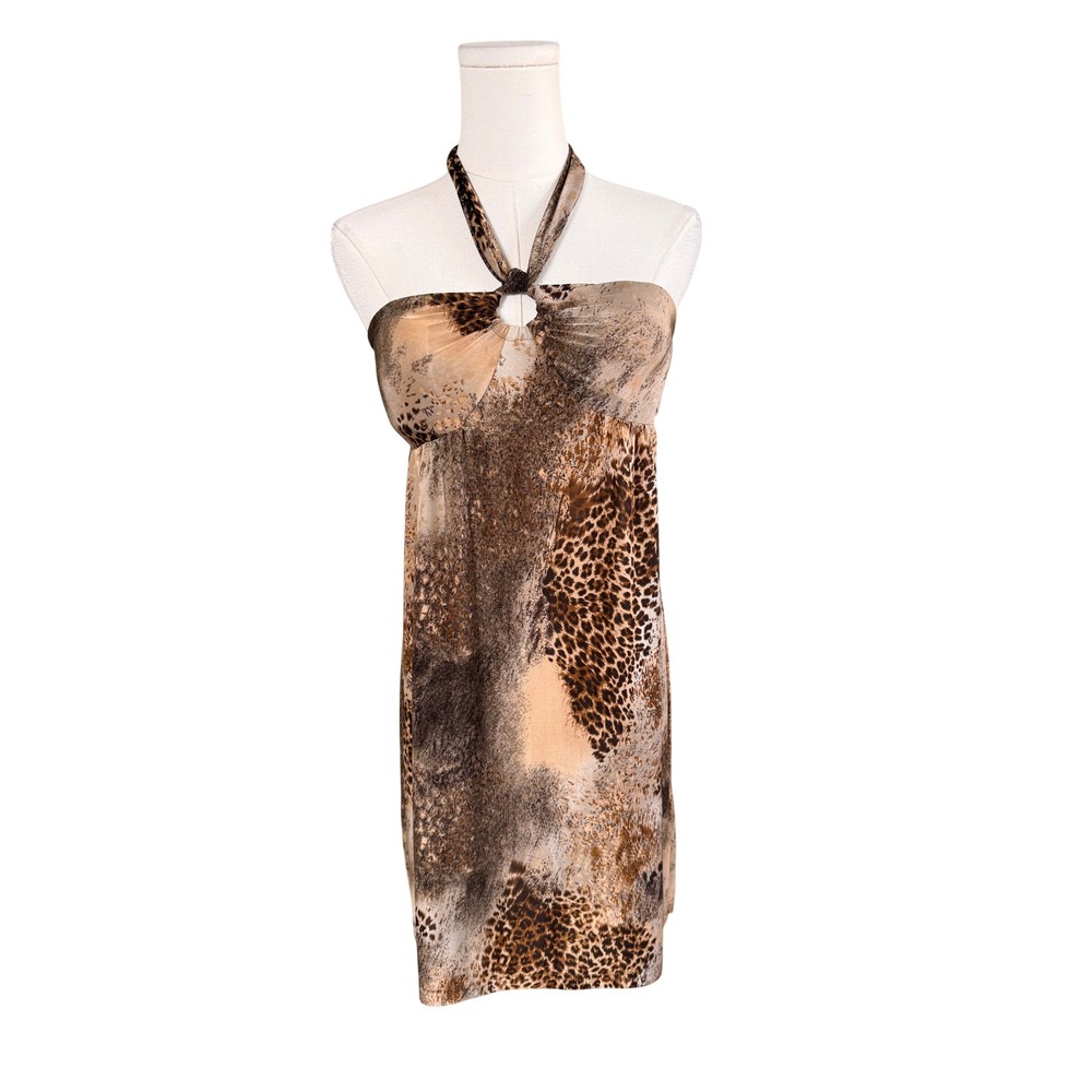 Cristina Love Animal Print Halter Dress Medium Brown Leopard O-Ring Mini